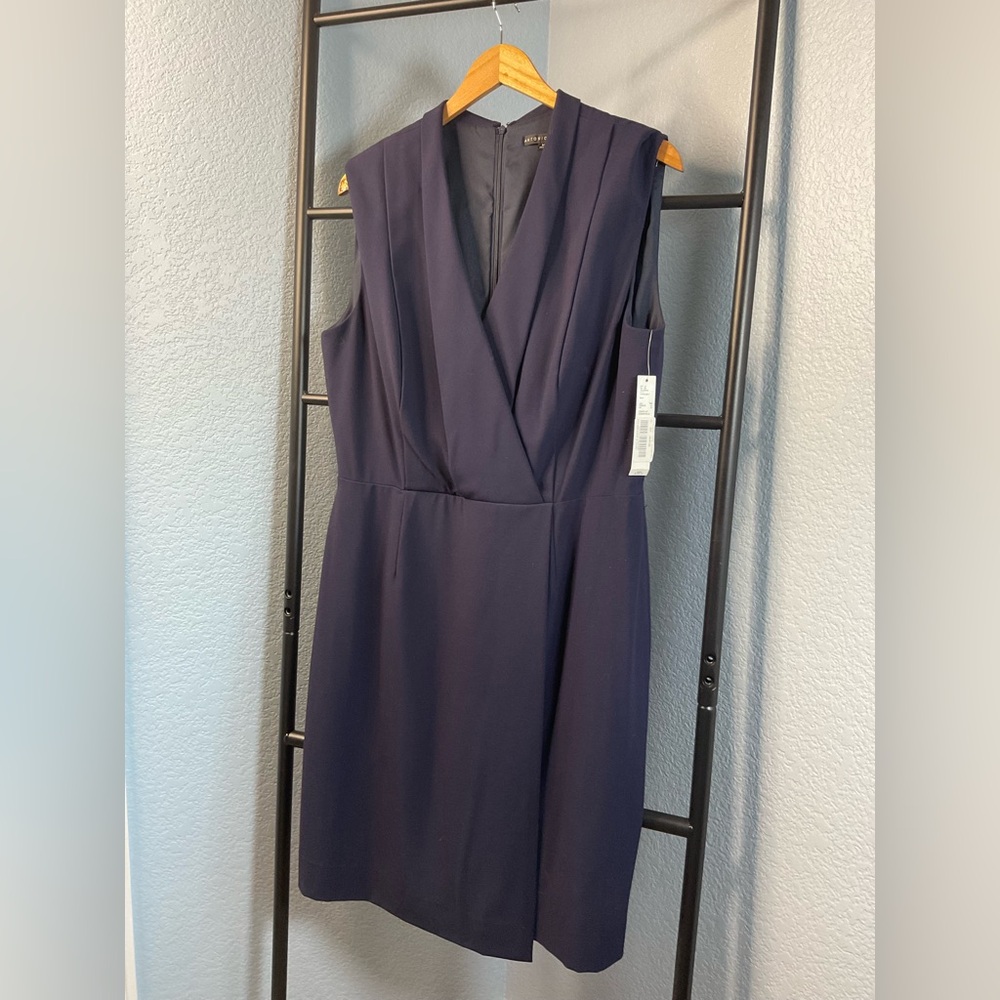Navy blue sleeveless wrap dress Antonio Melani women's s 14 Sheath NWT wedding